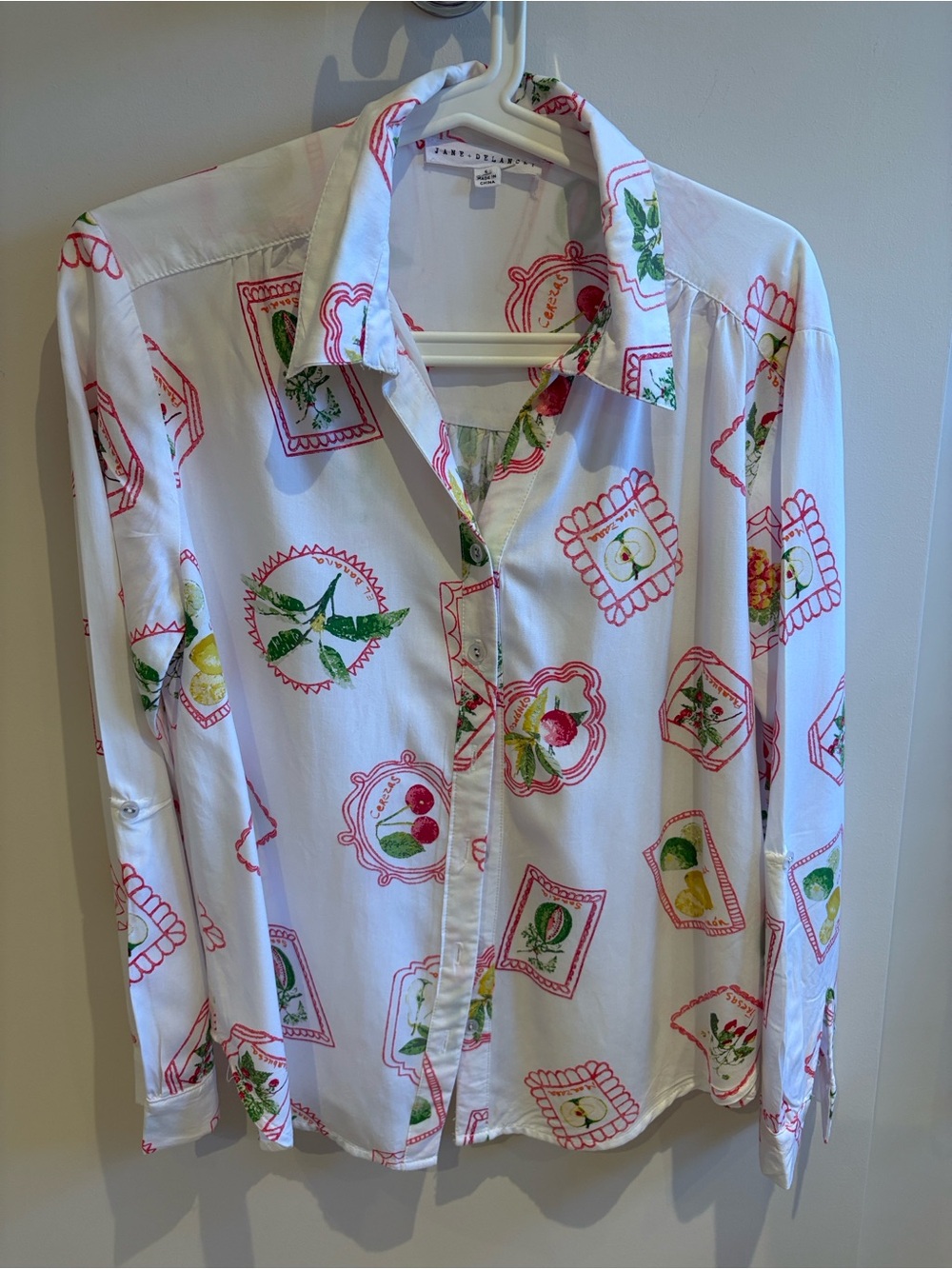 Jane and Delancey White Button Down Shirt with Red and Green Print small size - Picture 3 of 11